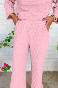 Pink Solid Quilted Pullover and Pants Outfit