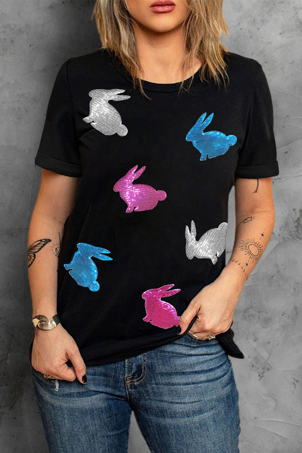 Easter Shirt Black Glitter Sequin Easter Bunny Round Neck T-shirt