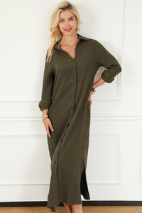 Women’s Fashion Dress Green Crinkle Button Up Casual Split Shirt Maxi Dress