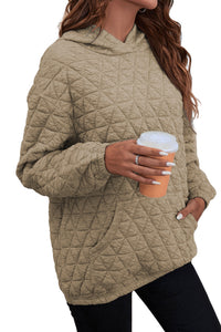 Pale Khaki Solid Color Quilted Kangaroo Pocket Hoodie