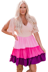 Pink Ombre Colorblock Tiered Dress