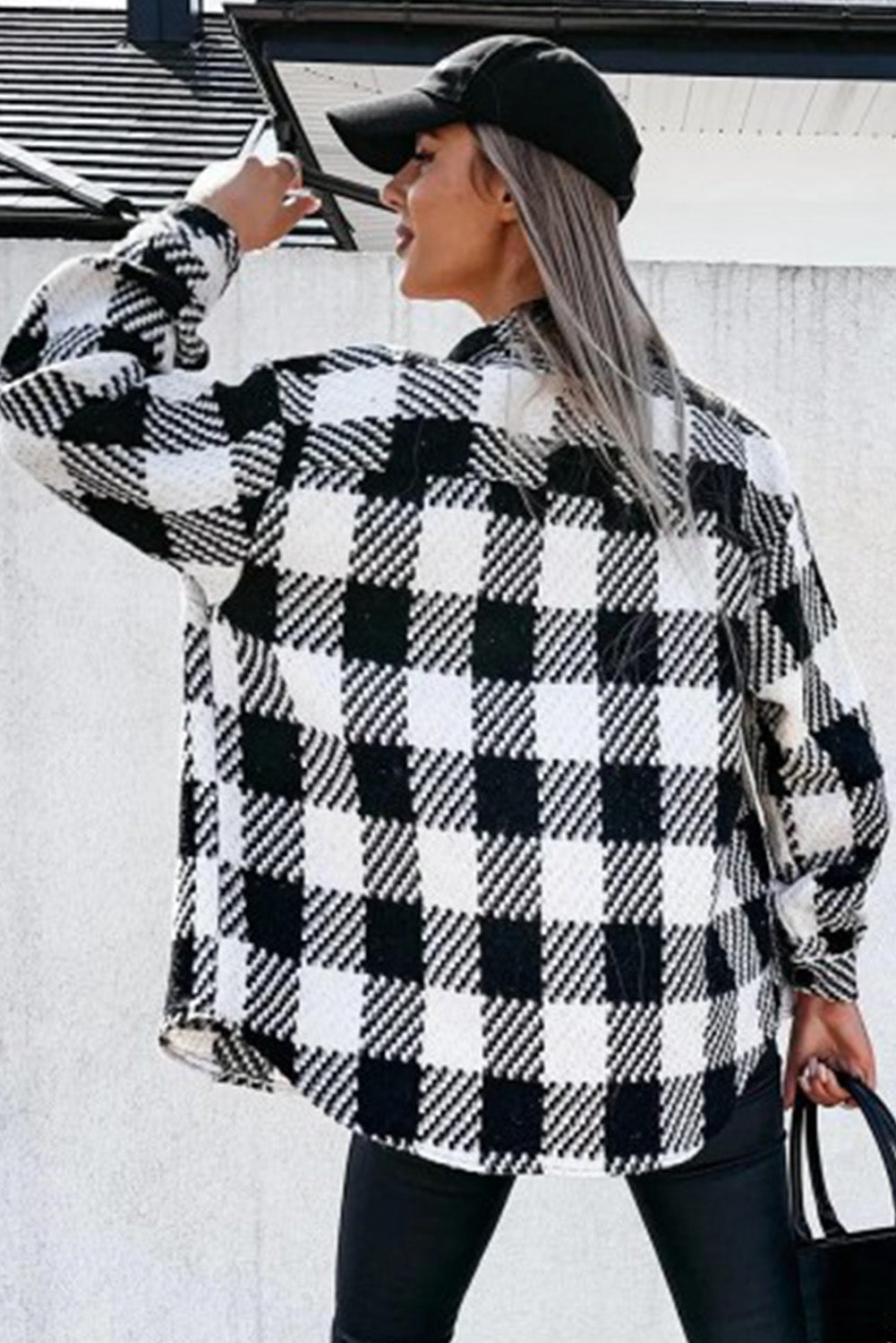 Black Plaid Textured Flap Pocket Shacket Long Sleeve Top