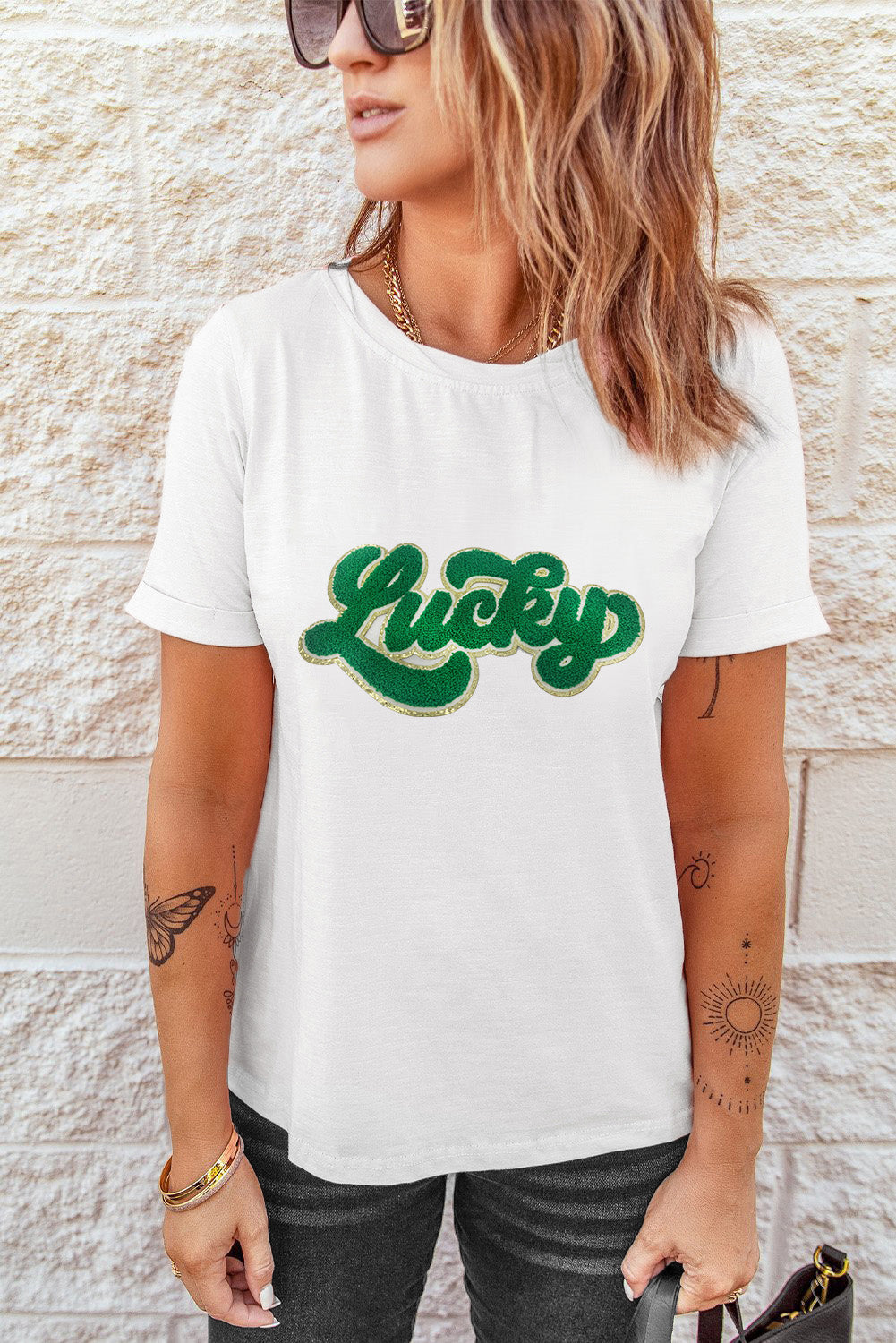 White St. Patrick Day Shirt Lucky Chenille Glitter Patched Graphic T Shirt