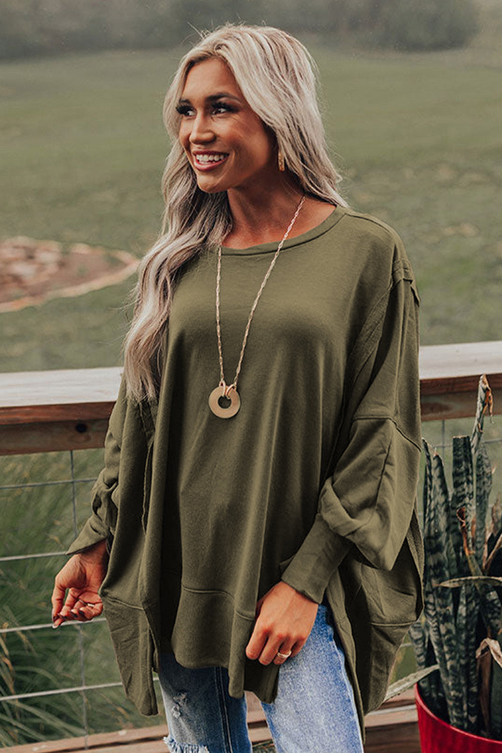 Olive Green Patchwork Drop Shoulder Oversized Top Sweater