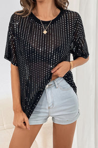 Women's Black Sequin Top Drop Shoulder Sheer T-shirt