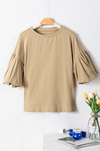 Womens Shirt Light French Beige Solid Color Lantern Sleeve Drop Shoulder Blouse