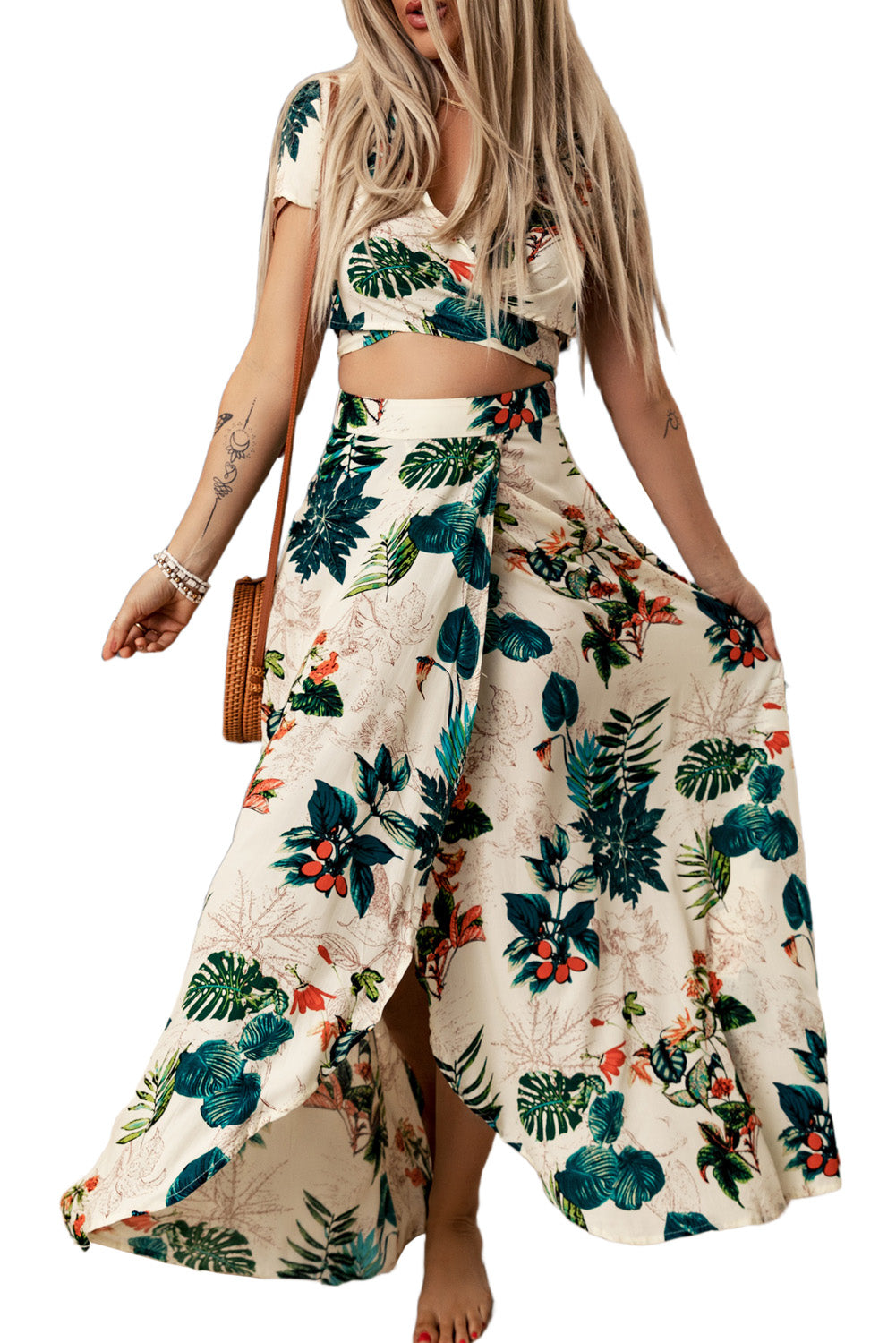 Fashion Tropical Print Crop Top and Maxi Skirt outfit 2 piece Set Fashion Sets