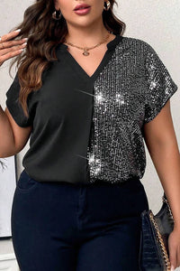 Black Plus Size Sequined Patchwork V Neck Tee Ladies Short Sleeve Shirt with Sequins