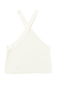 White Ribbed Knit Criss Cross Halter Neck Tank Top