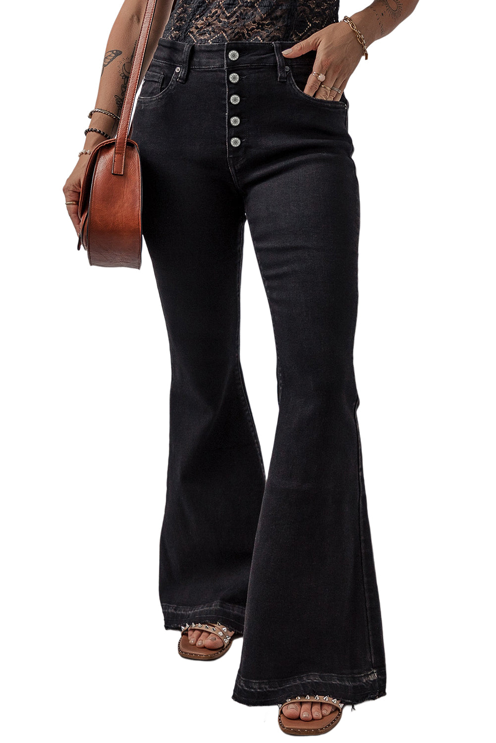 Women’s Black High Waist Button Front Flare Jeans