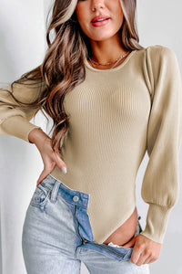 Womens Fashion Bodysuit Apricot Ribbed Balloon Sleeve Top