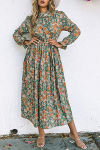 Floral Dress with Tie Waist Green Pleated Long Sleeve Maxi Ankle Length Casual Dresses