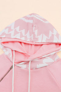 Pink Aztec Print Patchwork Thumb Hole Hoodie