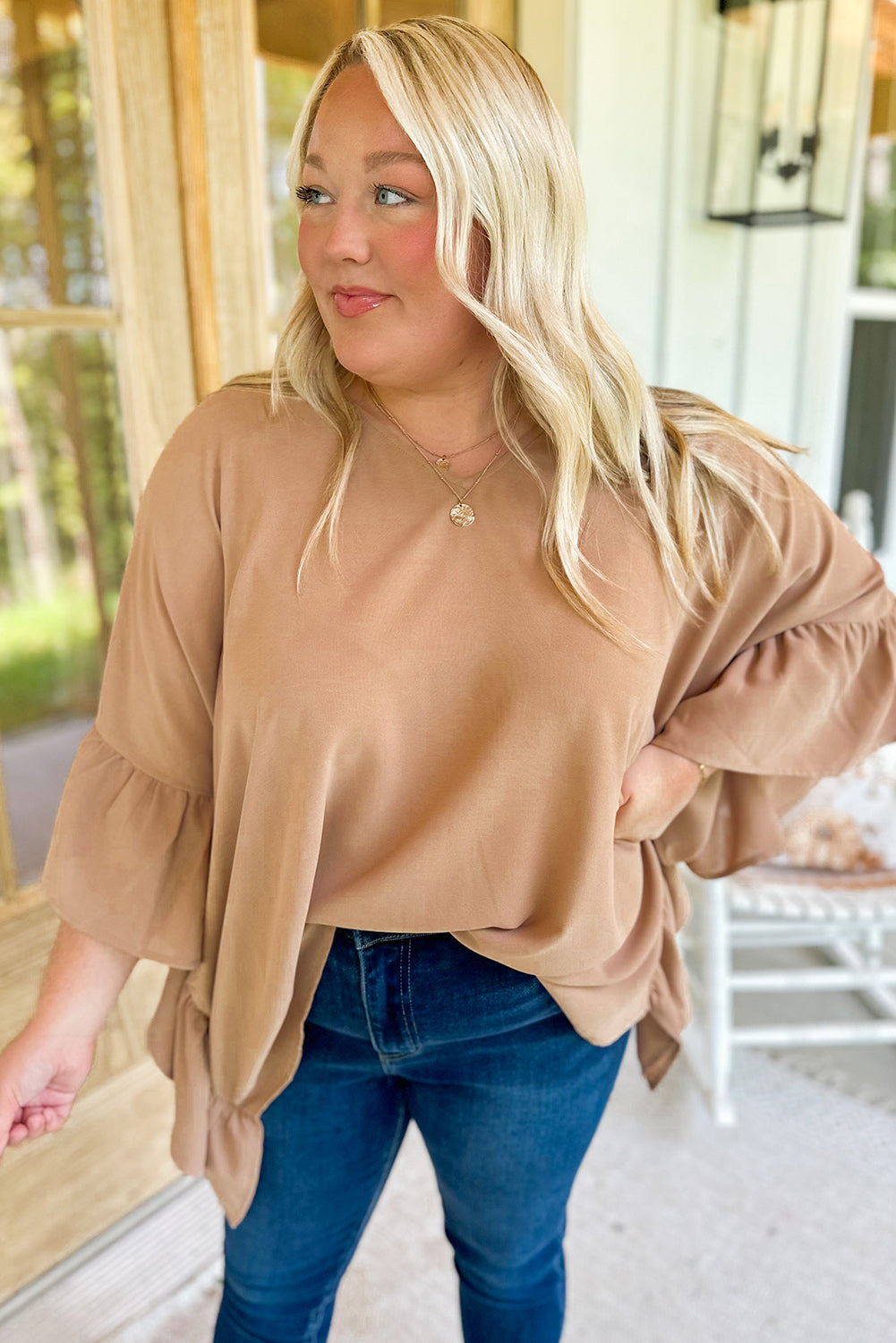 Khaki Nude Shirt Plus Size Ruffled Batwing Sleeve V Neck Blouse Oversize Baggy