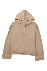 Khaki Casual Button Solid Patchwork Trim Hoodie