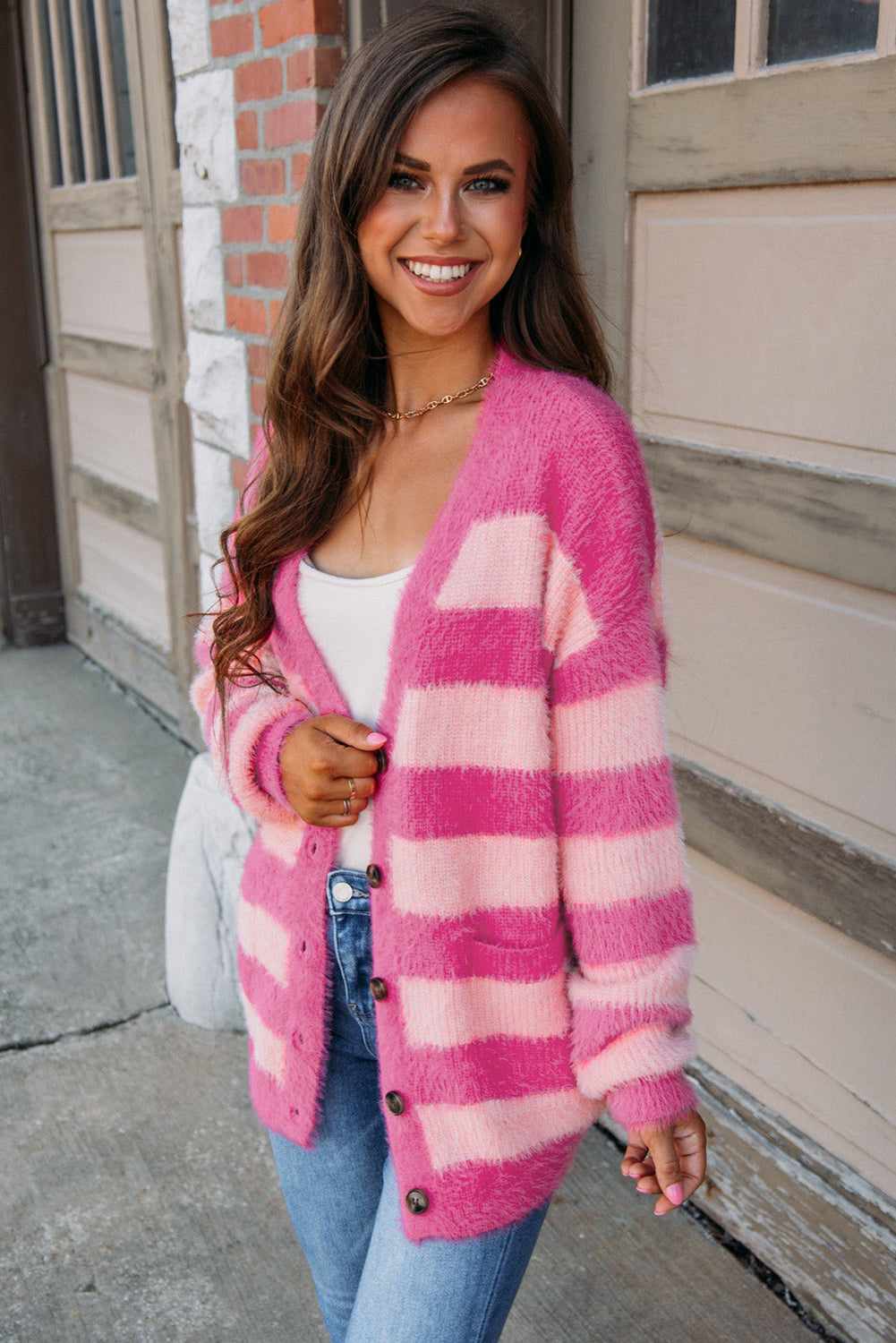 Strawberry Pink Colorblock Striped Buttoned Fuzzy Cardigan Sweater