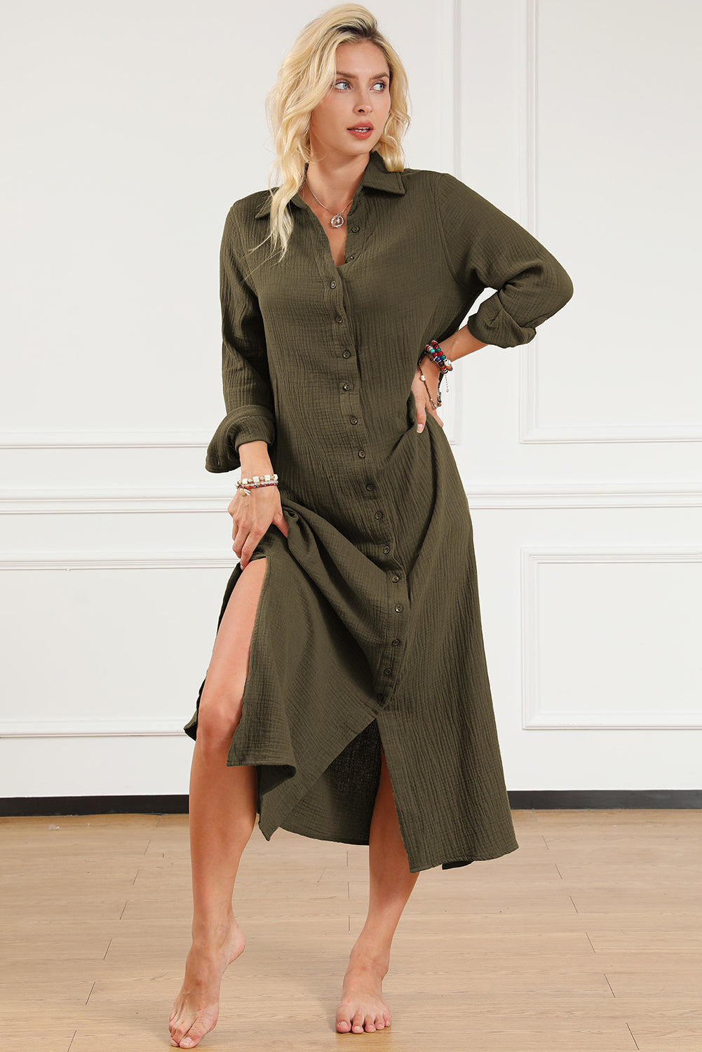 Women’s Fashion Dress Green Crinkle Button Up Casual Split Shirt Maxi Dress