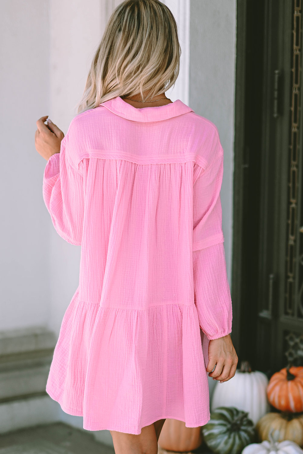 Pink Long Sleeve Loose Fit Casual Long Turn-down Neck Textured Bubble Sleeved Short Dress