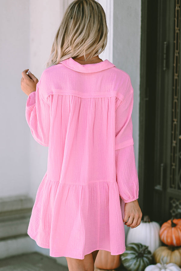 Pink Long Sleeve Loose Fit Casual Long Turn-down Neck Textured Bubble Sleeved Short Dress