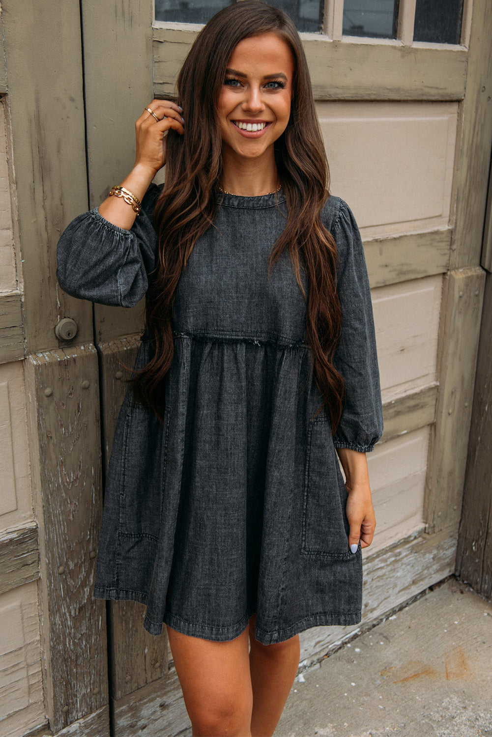 Women’s Long Sleeve Babydoll Black Balloon Sleeve High Waist Denim Dress