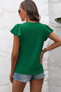 Dark Green Top Women's Fashion Solid Color Textured Pleated Flutter Sleeve Blouse