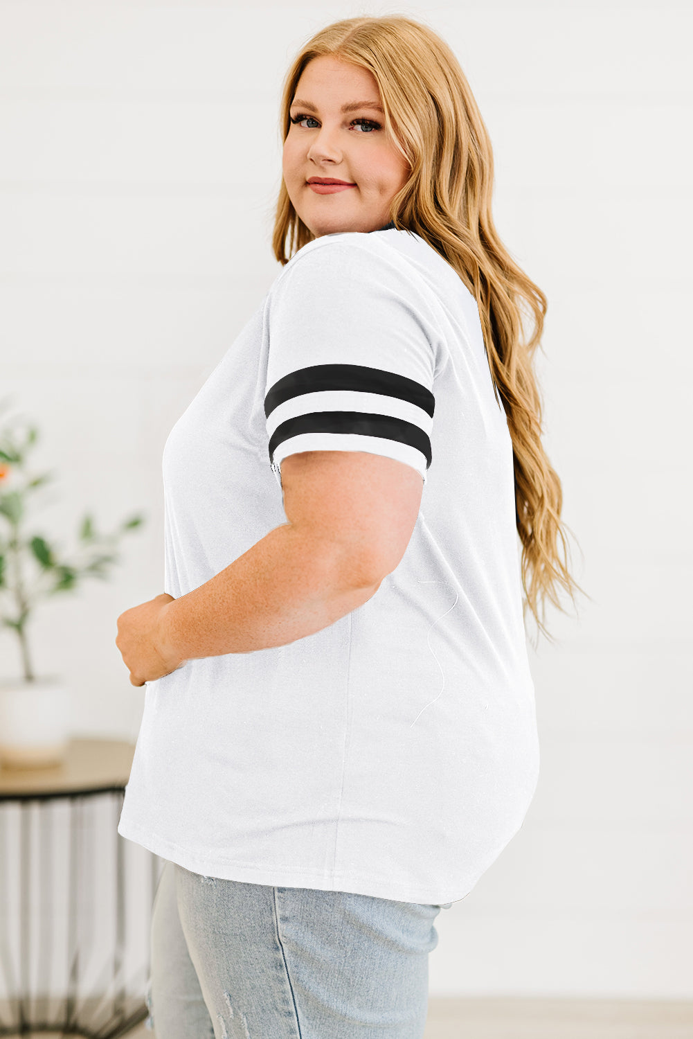 White Plus Size Stripes Stitching Sleeve V Neck T-shirt