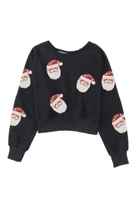 Black Santa Claus Graphic Cutout Backless Cropped Holiday Christmas Sweater Sweatshirt