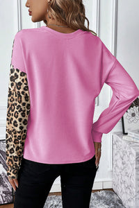 Women's Pink Cheetah Print Long Sleeve Shirt Bonbon Leopard Color Block Waffle Knit Top