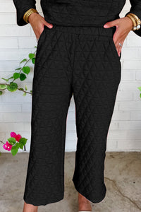 Black Solid Quilted Pullover and Pants Outfit 2 piece fashion set Casual womens clothing