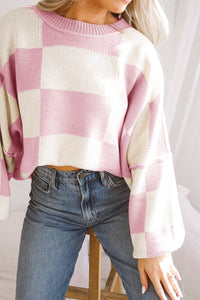 Pink Checkered Bishop Sleeve Sweater Women’s Fashion Top