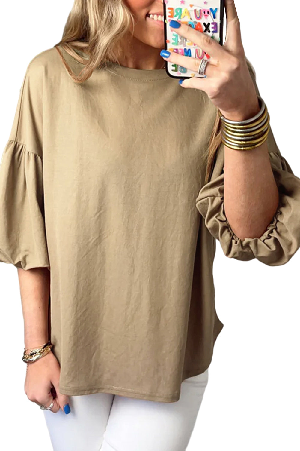 Womens Shirt Light French Beige Solid Color Lantern Sleeve Drop Shoulder Blouse