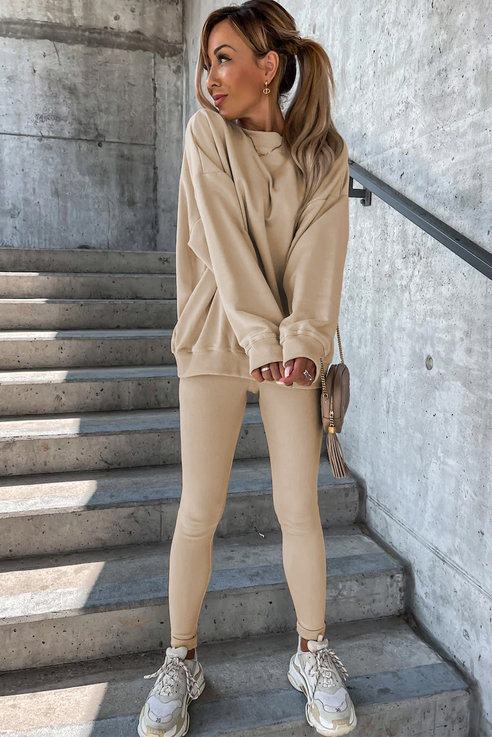 Beige Solid Sweatshirt and Leggings and Fashion Sweater Two Piece Set