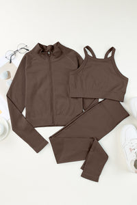 Brown Ribbed Knit 3pcs Sports Set Yoga Gym Outfit Set