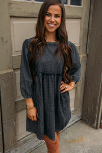 Women’s Long Sleeve Babydoll Black Balloon Sleeve High Waist Denim Dress