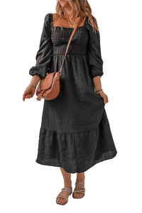 Black Smocked Fit Flare Square Neck Midi Dress