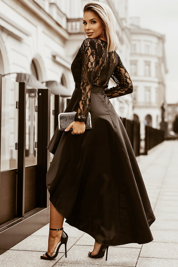 Black Long Sleeve Lace High Low Long Sleeve Satin Evening Dress