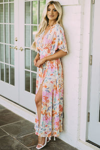 Women’s Long Beach Dress Boho Multicolor Tropical Floral Print Ruched V Neck Loose Sleeve Flowy Maxi Dress