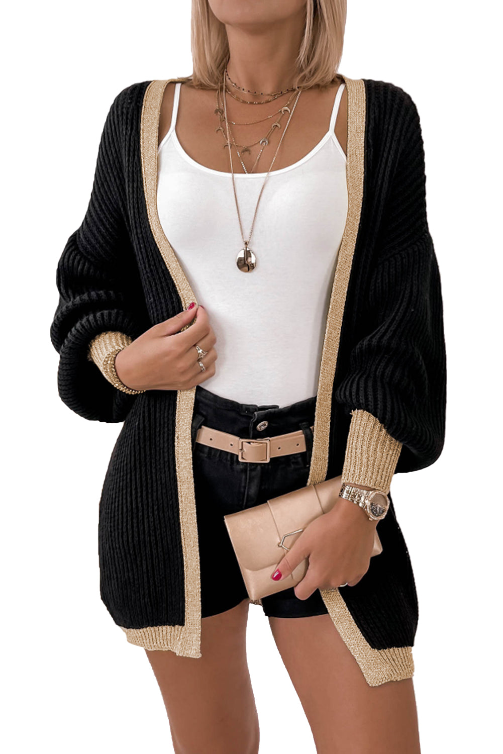 Black Contrast Trim Open Front Lantern Sleeves Cardigan