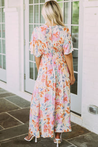 Women’s Long Beach Dress Boho Multicolor Tropical Floral Print Ruched V Neck Loose Sleeve Flowy Maxi Dress