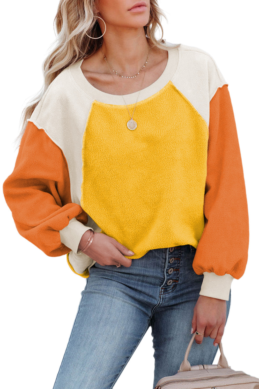 Women's Fashion Sweater Top Orange Colorblock Long Sleeve Pullover Fleece Sweatshirt