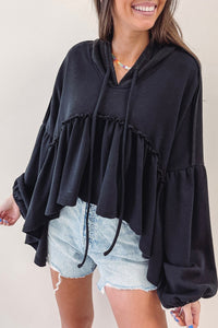 Black Oversized Ruffled High Low Hem Drop Shoulder Hoodie