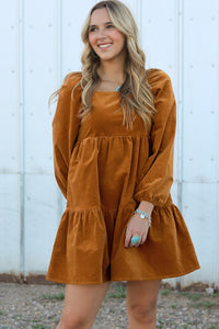 Boho Long Sleeve Dress with pockets  Chestnut Square Neck Puff Sleeve Tiered Corduroy Mini