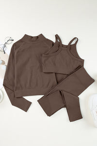 Brown Ribbed Knit 3pcs Sports Set Yoga Gym Outfit Set