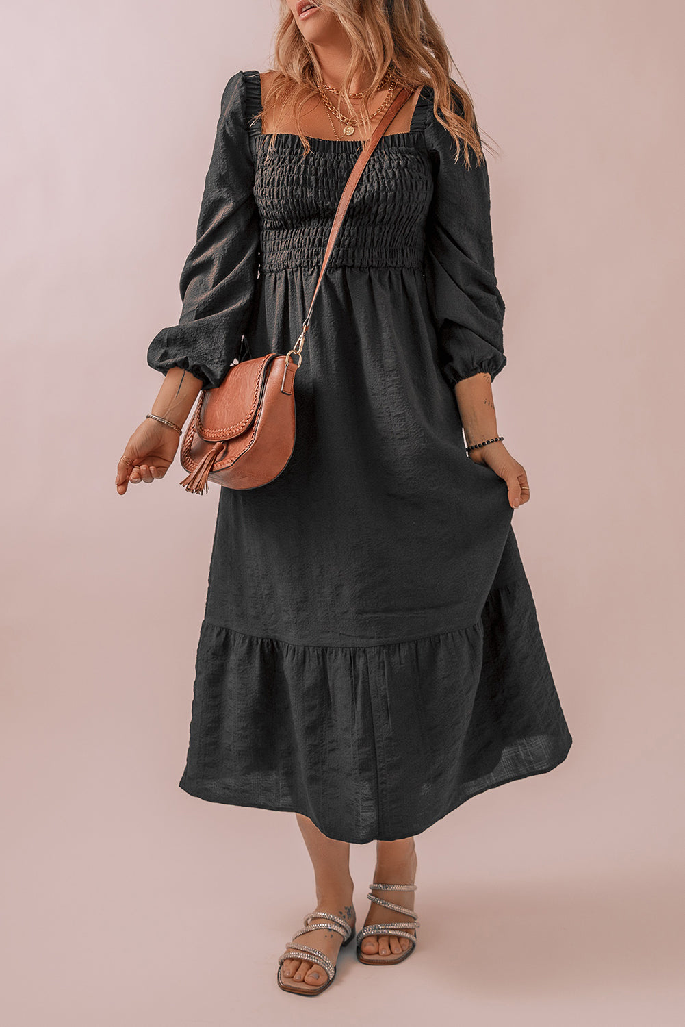 Black Smocked Fit Flare Square Neck Midi Dress