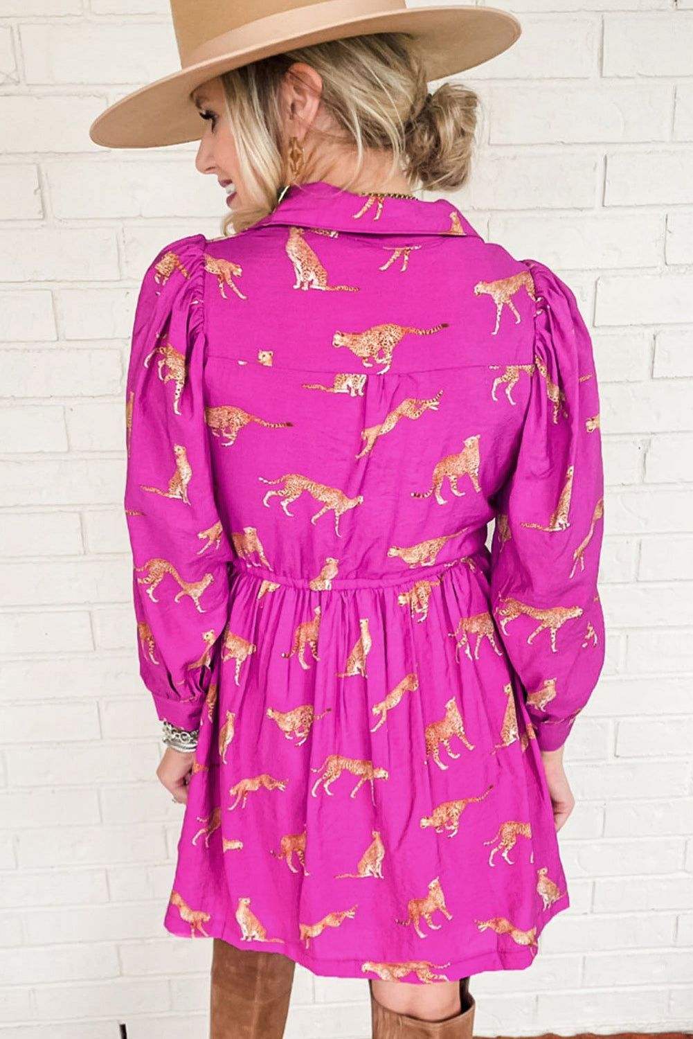 Women's Fashion Long Sleeve Rose Pinkk Cheetah Print Shirt Dress