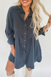 Sail Blue 3/4 Ruffled Sleeve Buttoned Crinkled Shirt Dress