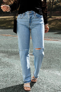 Light Blue Distressed Slit Leg Raw Edge Straight Leg Ripped Jeans