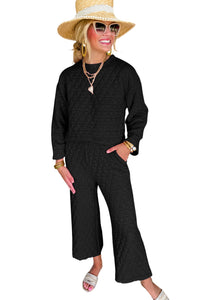 Black Solid Quilted Pullover and Pants Outfit 2 piece fashion set Casual womens clothing