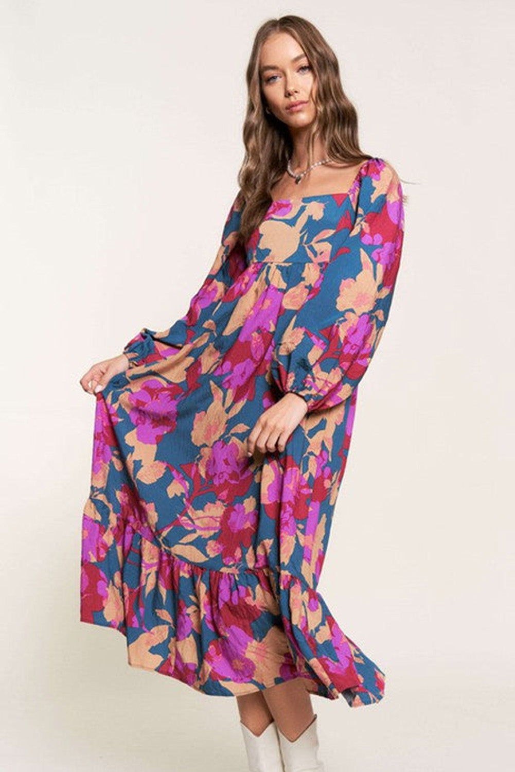 Multicolour Casual Maxi Dress Floral Print Square Neck Ruffled High Waist Long Loose Fit Dress