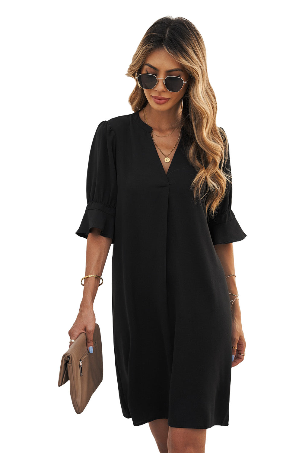 Black Ruffled Short Sleeve Mini Shirt Dress